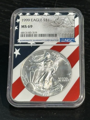 1999 Silver Eagle $1 NGC MS69 American Flag Core