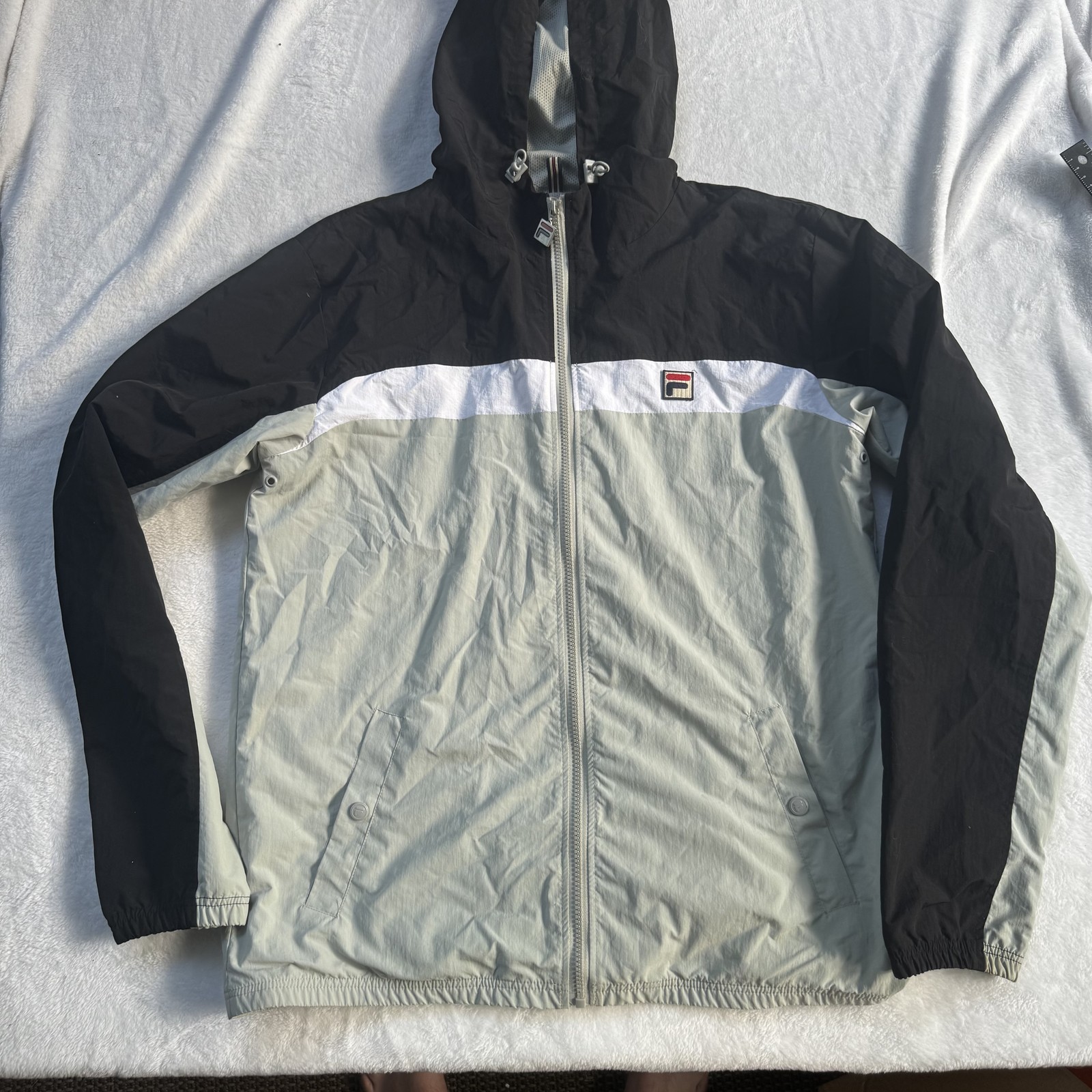 Giacca a vento Fila uomo XL nero grigio bianco con cappuccio zip intera tasche logo
