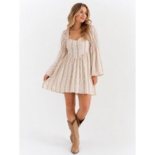 Cider Floral Stripe Mini Dress XS Beige Long Bell Sleeve Cottagecore Boho
