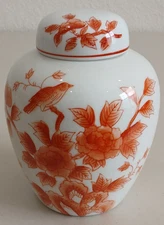 Orange And White Porcelain Chinoiserie Floral And Bird Motif Ginger Jar 6" Tall