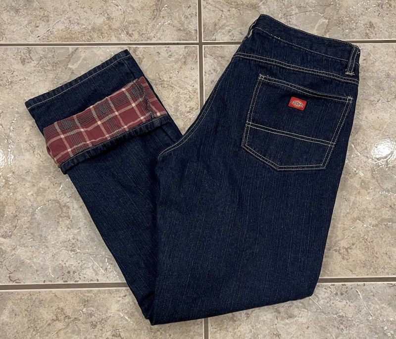 DICKIES Women's 14R Denim Flannel Lined Relaxed Straight Jeans Pants 36X31