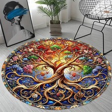 2D Flat Print not 3D Doormat 1pc Tree of Life Round Area Mat- Non-Slip Easy to C