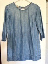 Cloth & Stone Blue Pinstripe Tencel Shift Dress XS Made in USA Back Zip 3/4 Slv