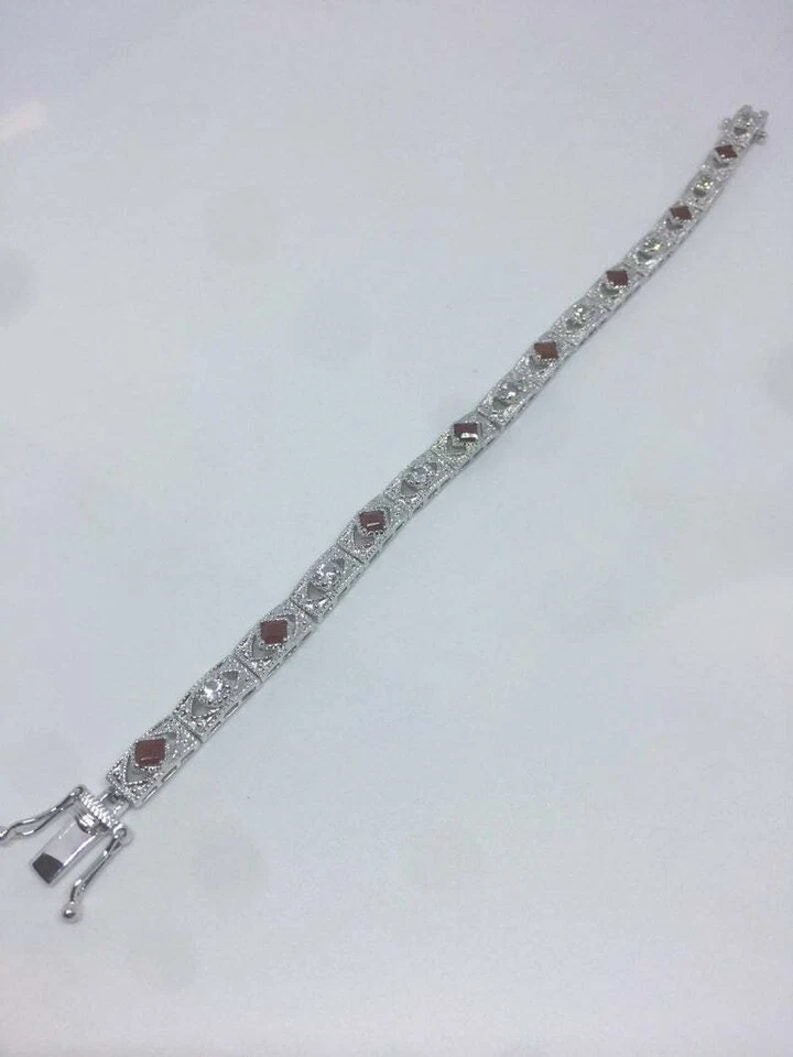 Amazing Classic 935 Silver Women's Red Ruby & White CZ Fabulous Awesome Bracelet - Image 2 of 4