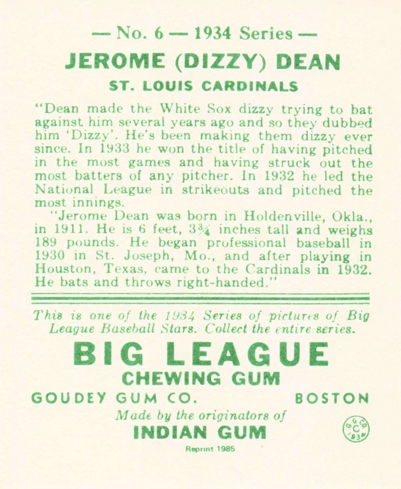 1985 Big League Chewing Gum 1934 Reprints Dizzy Dean St. Louis Cardinals #6 - Image 2 of 2