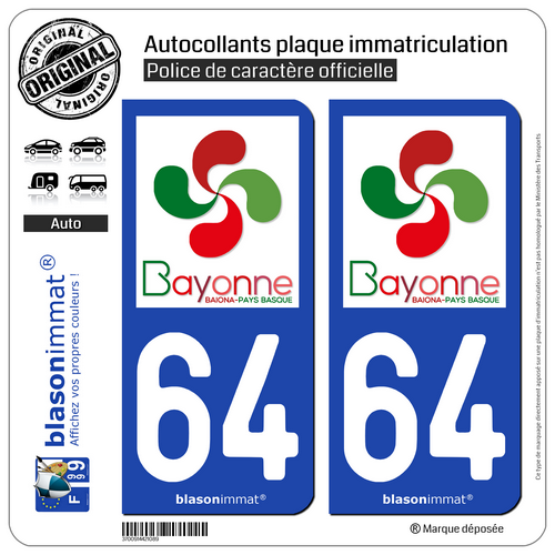 2 Stickers autocollant plaque immatriculation 64 Bayonne - Tourisme - Picture 8 of 9