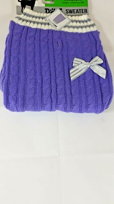 Dog Puppy Knitted Purple W/ Gray & White Neck and Bow Sweater Winter Warm Argyle
