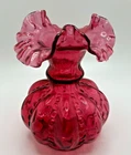 Vintage Fenton Cranberry Melon Beaded Dot Ruffled Edge Bud Vase 7.75" Tall