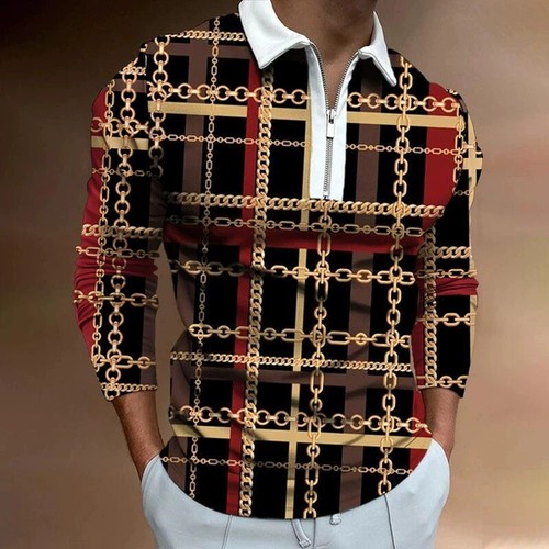 Polo Shirt Men Zipper Collar Fashion Long Sleeve 2 Tone Sport Golf Zip Tee Dress - Picture 27 of 32