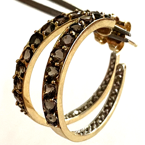 14K Yellow Gold Smoky Quartz Natural Champain Diamond Pierced Ladies Earrings - Picture 3 of 12