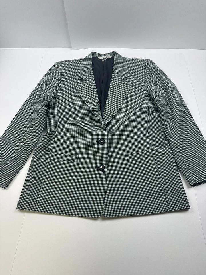 Vtg Austin Reed Skirt Suit 12 100% Wool Jacket Knee Length Skirt Gingham Green - Image 2 of 4