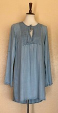 Love Stitch Women’s Blue Tencel Pintuck Split Neck Shift Dress Size Medium