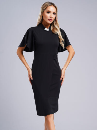 iEFiEL Damen Priesterin Nonne Kleid Kurzarm Bodycon Bleistift Kleid Cosplay Sexy - Bild 3 von 18