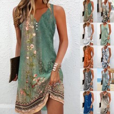 Women Summer Holiday Dress Ladies Boho Beach Button Floral Sun Dresses Size 6-20