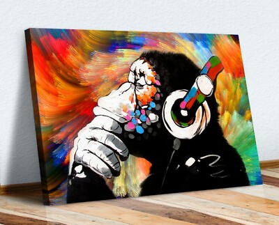 MONKEY DJ BANKSY COLOURFUL SWIRL CANVAS STREET WALL ART PRINT MONKEY DJ BANKSY COLOURFUL SWIRL CANVAS STREET WALL ART PRINT