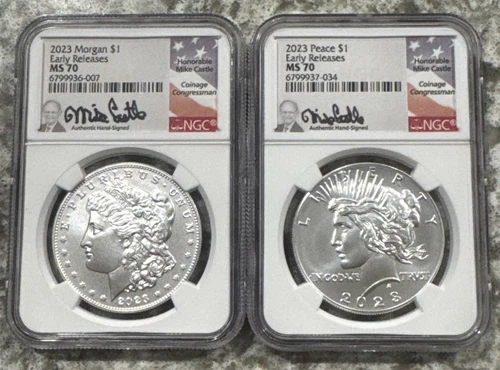 2023 MORGAN and PEACE Silver Dollar 2 Coin Set NGC MS70 Early Release Castle