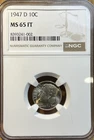 1947 -D Silver Roosevelt Dime 10 Cents NGC Certified MS65 FT Full Torch Toned Rv