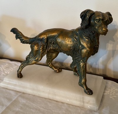 Hunting Dog Bronze Figurine Alabaster Stone Base Sculpture Collectible