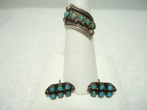 Vtg Native American, Zuni, Sterling Silver,Turquoise Snake Eye Ring & Earrings