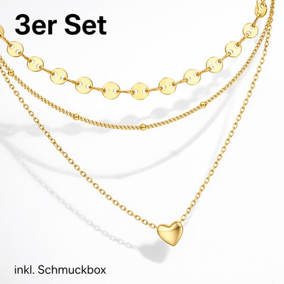 Halsketten Set Damen 3er Edelstahl Gold Silber Herz Kette Layering Schmuck