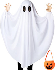 Ghost Costume for Kids,White Ghost costumes with Pumpkin Bag, Spooky Halloween f