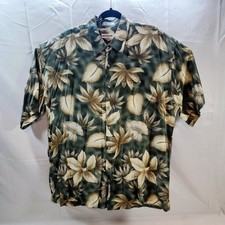 VINTAGE Pierre Cardin Shirt Mens Large Green Beige Hawaiian Button Up 100 Rayon