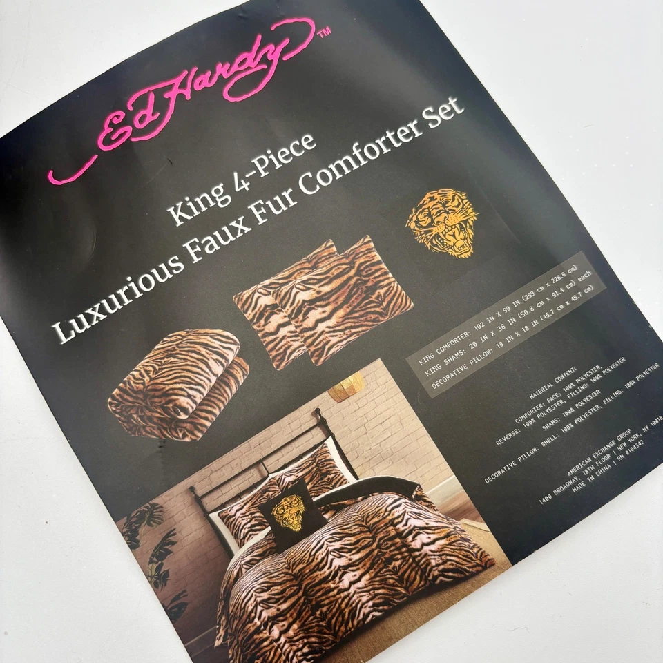 Ed Hardy King 4 Piece Luxurious Faux Fur Comforter Set Tiger Stripe Animal Print - Image 2 of 4