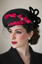 Vintage 1958 Black Milan Straw Tilt Hat Veil Velvet Loops Fuchsia Roses