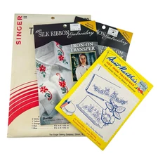 VTG Bucilla Aunt Martha's Flower Embroidery Iron-On Transfer Kits Tracing Paper