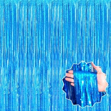 Lake Blue Foil Fringe Curtains 3.28x8.2ft Metallic Tinsel Backdrop 6 Pack