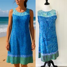 VTG Wind River Batik Midi Dress Sundress Tropical Blue Green Resort Beach Sz M