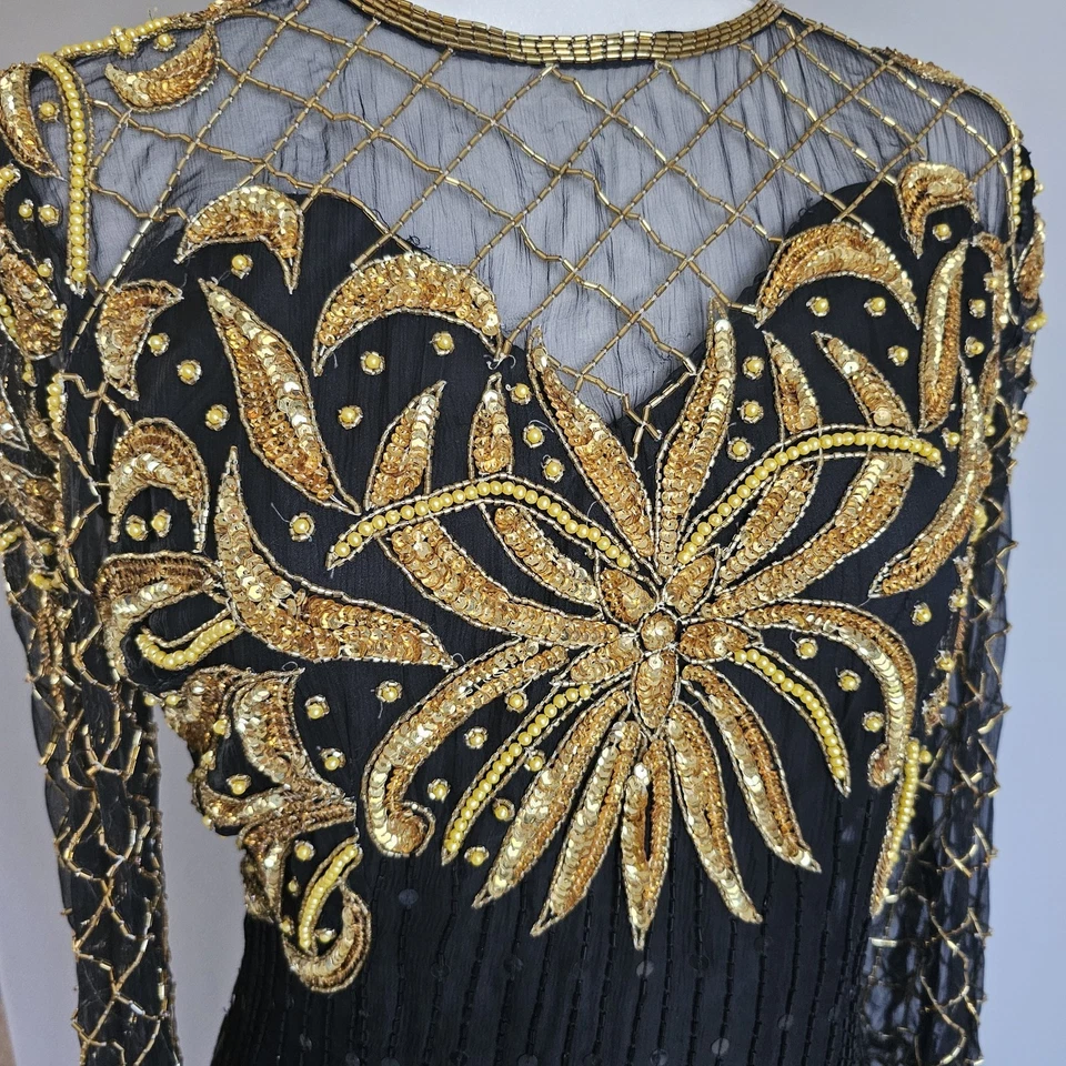 Laurence Kazar Dress Women's M 100% Silk Black Gold Beaded Vintage Gown Art Deco - Image 3 of 4