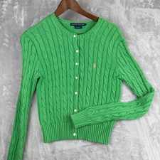 Ralph Lauren Girls Green Cable Knit Cotton Cardigan Sweater Pink Pony Size L