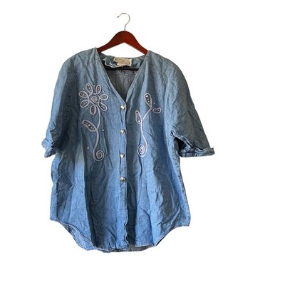 Vintage Saint Germain Paris Denim Tunic Top Embellished Button Down xlarge
