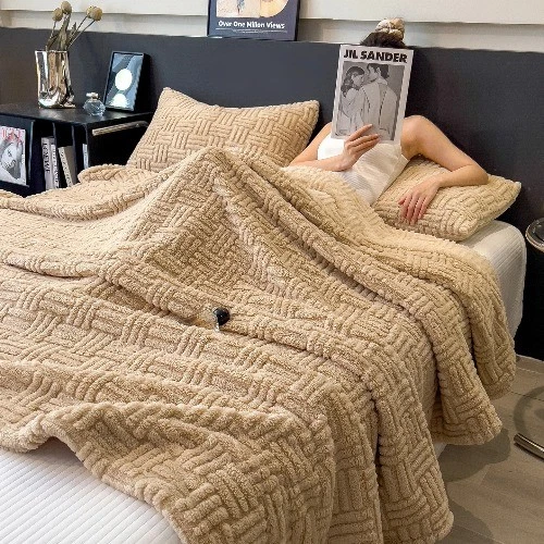 Coral Fleece Jacquard Warm Bed Geometric Pattern Soft Plush Sofa Throw Blanket - Image 3 of 4