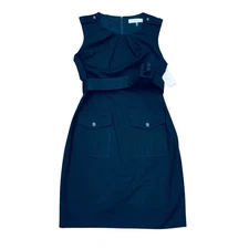 Trina Turk Dress Womens Size 10 Black Belted Back Zip Pockets Pleated Lined