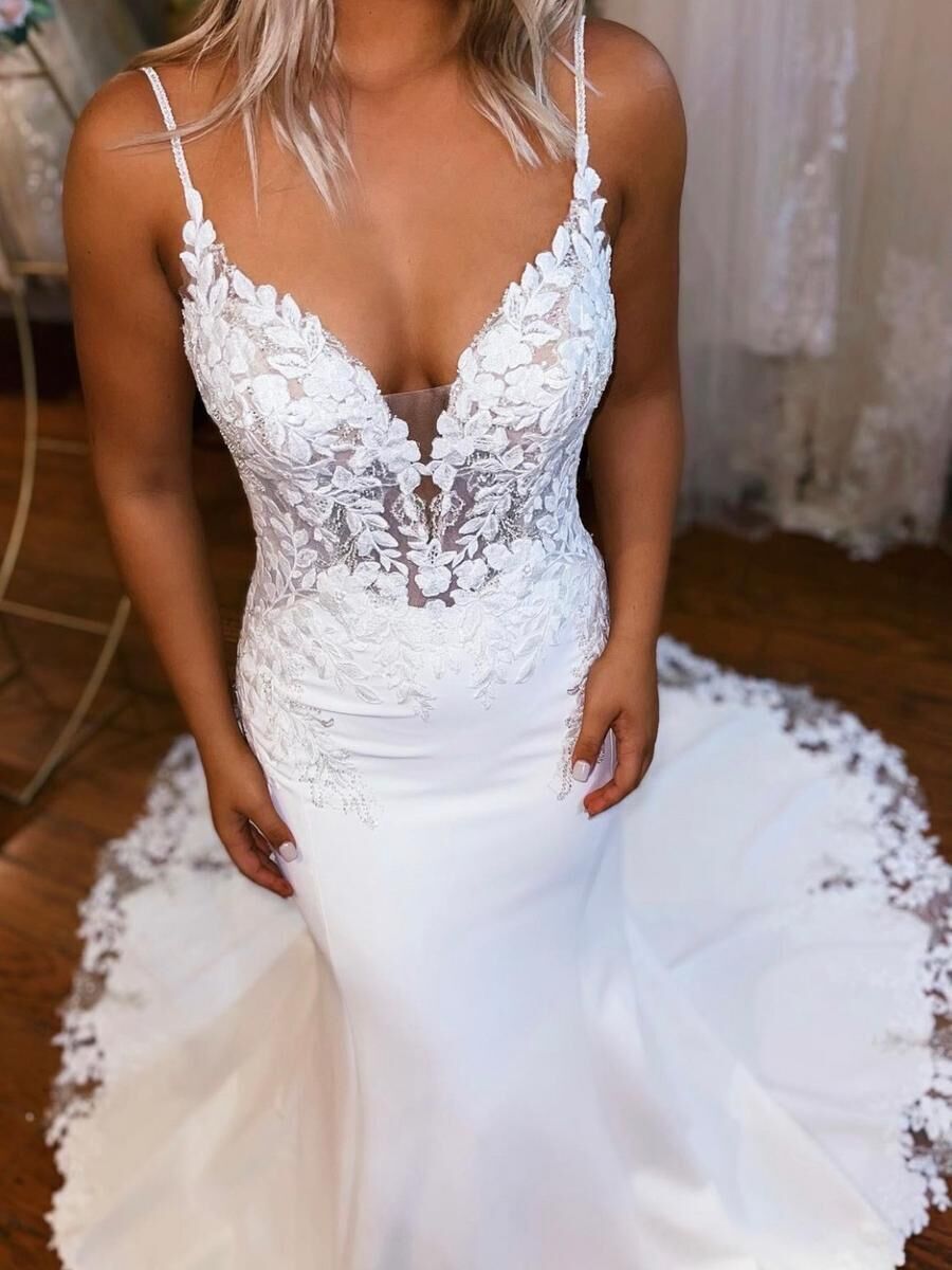 V Neck Tulle Backless Appliques Cap Sleeve Mermaid Wedding Dress V Neck Tulle Backless Appliques Cap Sleeve Mermaid Wedding Dress
