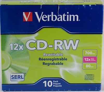 Verbatim CD-RW Discs w/Slim Jewel Cases, 700MB/80min, 10 Discs (VER95156)