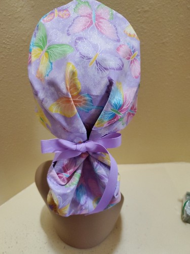 Sparkle Butterflies Purple Women's Ponytail Surgical Scrub Hat/Cap Handmade - Picture 7 of 9