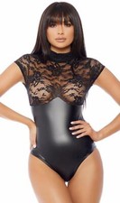 Lace Top Matte Bodysuit Short Sleeves Sheer Floral Mock Neck Black 667852 XS/S
