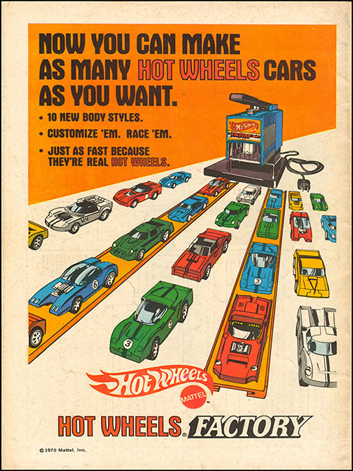Reproduction of an actual vintage Hot Wheels factory ad on steel — captures real automotive/toy advertising nostalgia in a format that actually looks good framed.