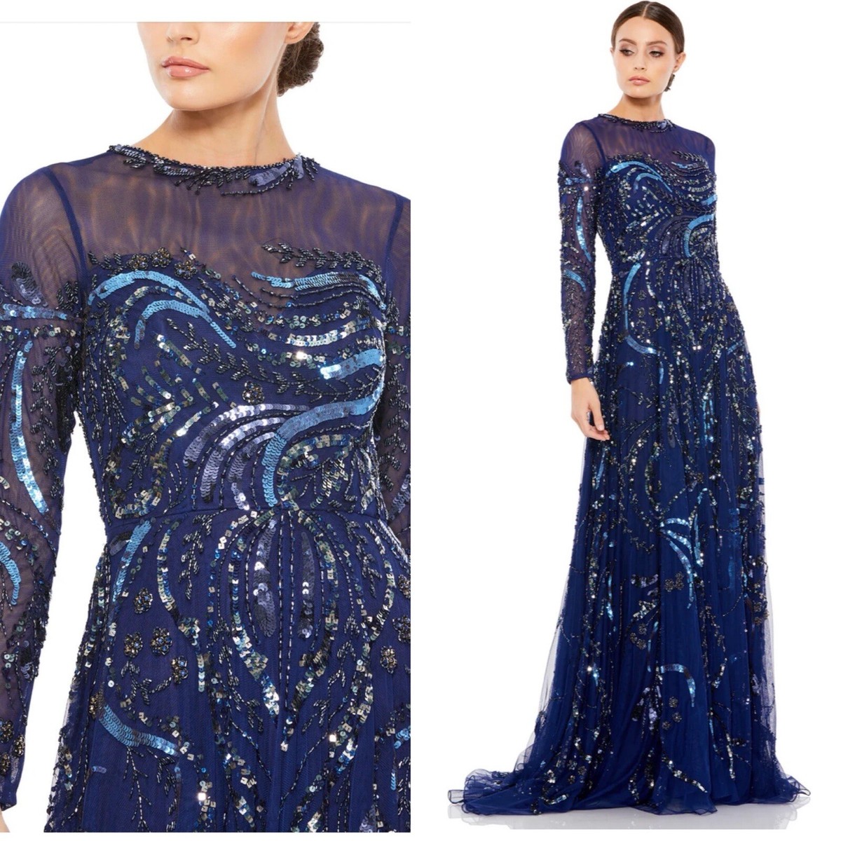 MAC DUGGAL LONG SLEEVE EMBELLISHED ILLUSION EVENING GOWN BLUE 5217 SIZE 10 MAC DUGGAL LONG SLEEVE EMBELLISHED ILLUSION EVENING GOWN BLUE 5217 SIZE 10