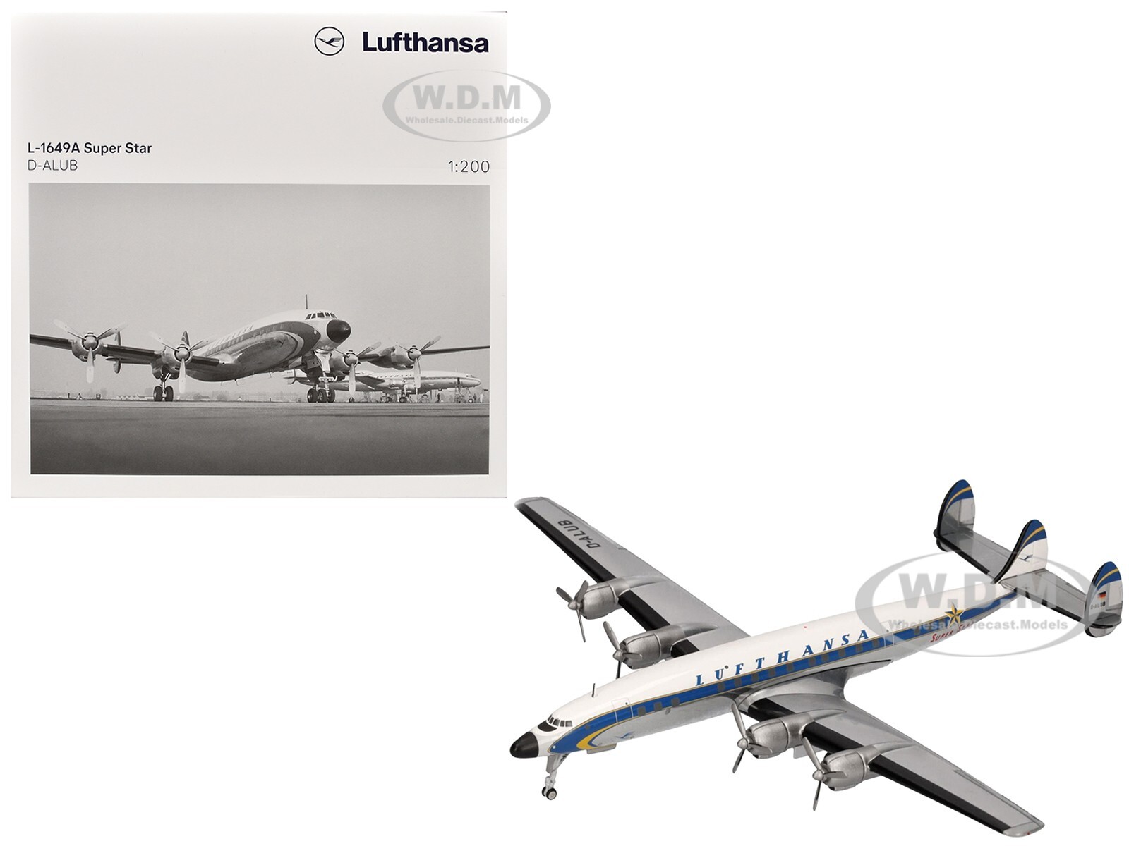 САМОЛЕТ LOCKHEED L-1649A SUPER STAR AIRCRAFT LUFTHANSA 1/200, ИЗГОТОВЛЕННЫЙ НА ЗАКАЗ КОМПАНИЕЙ HERPA HE573030