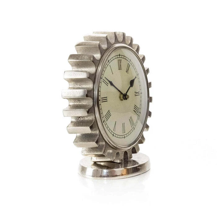 Reloj de mesa con movimiento de cuarzo engranaje industrial de aluminio plateado Foto 3 de 4