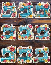 Pretty Blue Sewing Machine Vinyl Stickers Set Scrapbooking Laptop Waterbottle