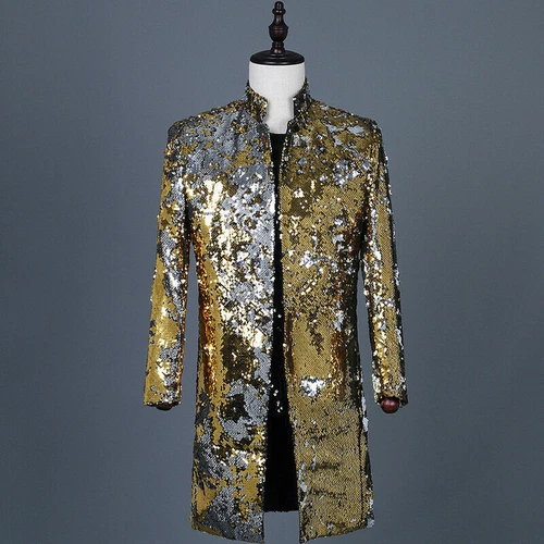 Men Reversible Two Tone Sequin Longline Jacket Suit Blazer Cabaret Carnival Tops - Picture 16 of 21