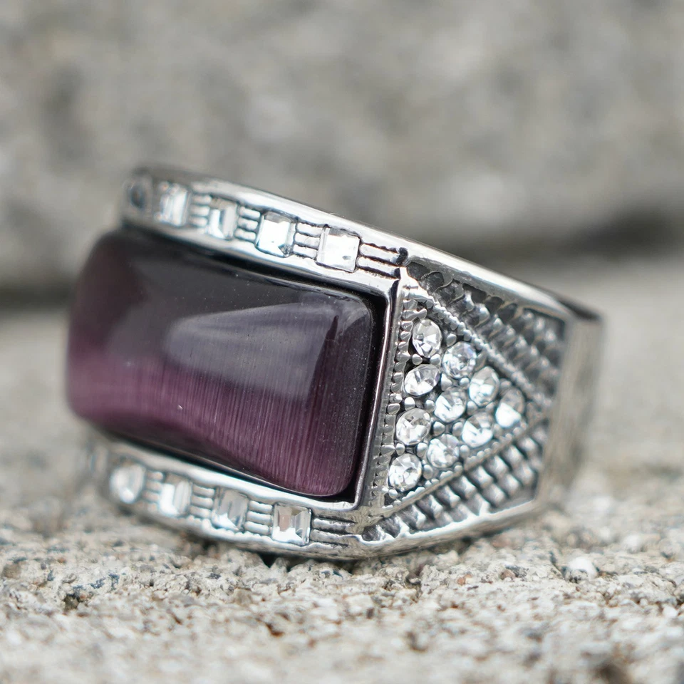 Anillo de piedra de ojo de gato púrpura creado en laboratorio de acero inoxidable MENDEL para hombre talla 7 8 9-15 Foto 3 de 4