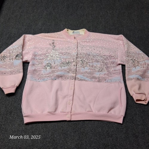 VTG Artisans Sunschein Cardigan Sweater Women Large XL Pink Bunny Print