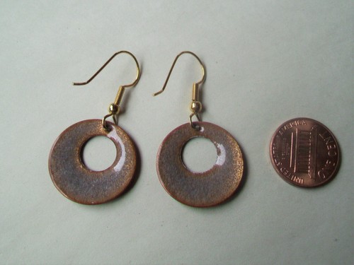 Enamel on Copper ROUND HOOP DANGLE EARRINGS - INGA ENAMELS-SOLID BROWN COLOR - Picture 2 of 3