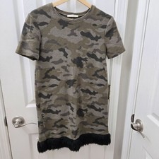 Zara Trafaluc Camo Mini Dress Size S Faux Fur Hem Camouflage Short Sleeve